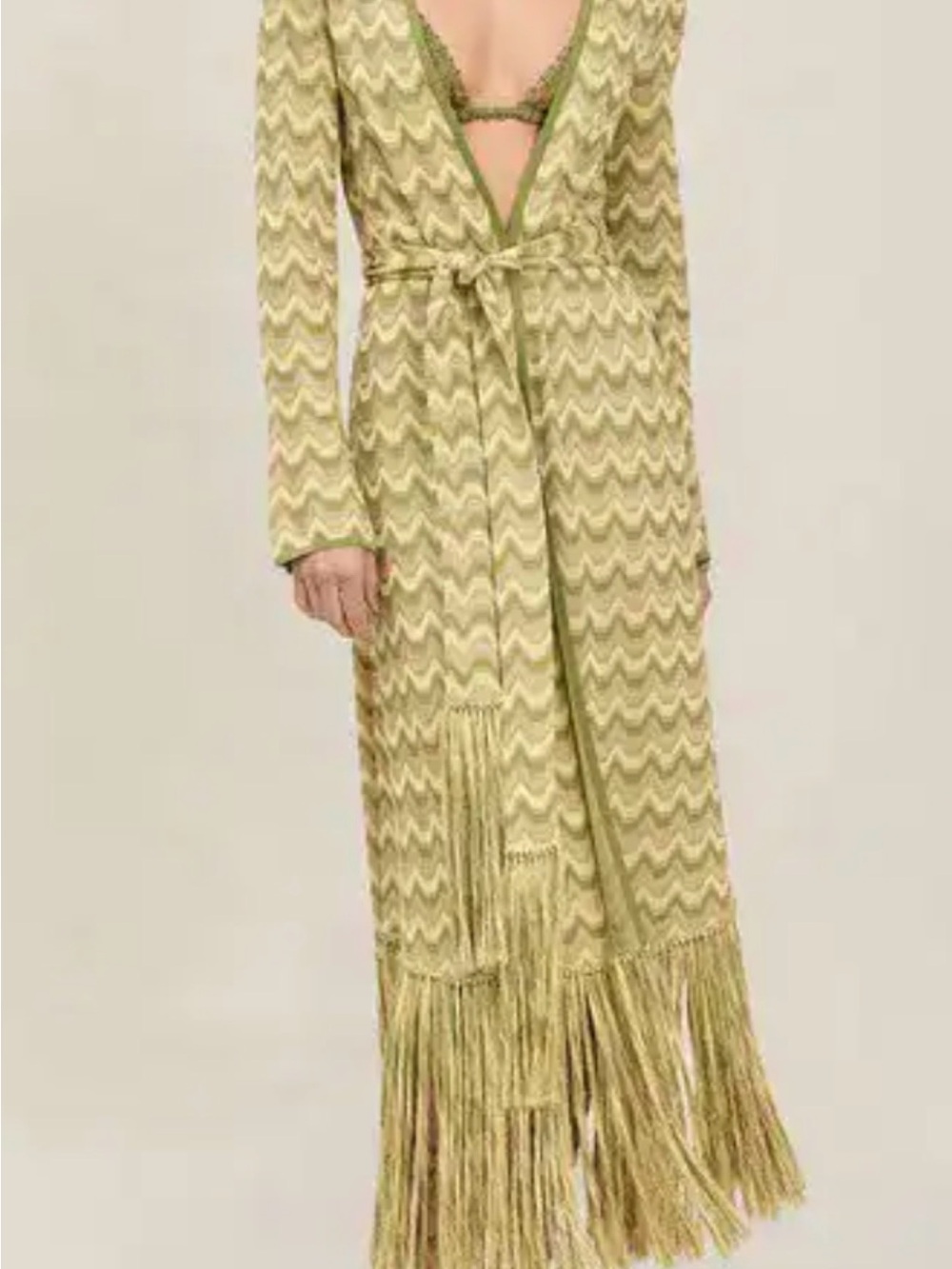 DEVON WINDSOR Olive Green Zigzag Fringe Maxi Dress